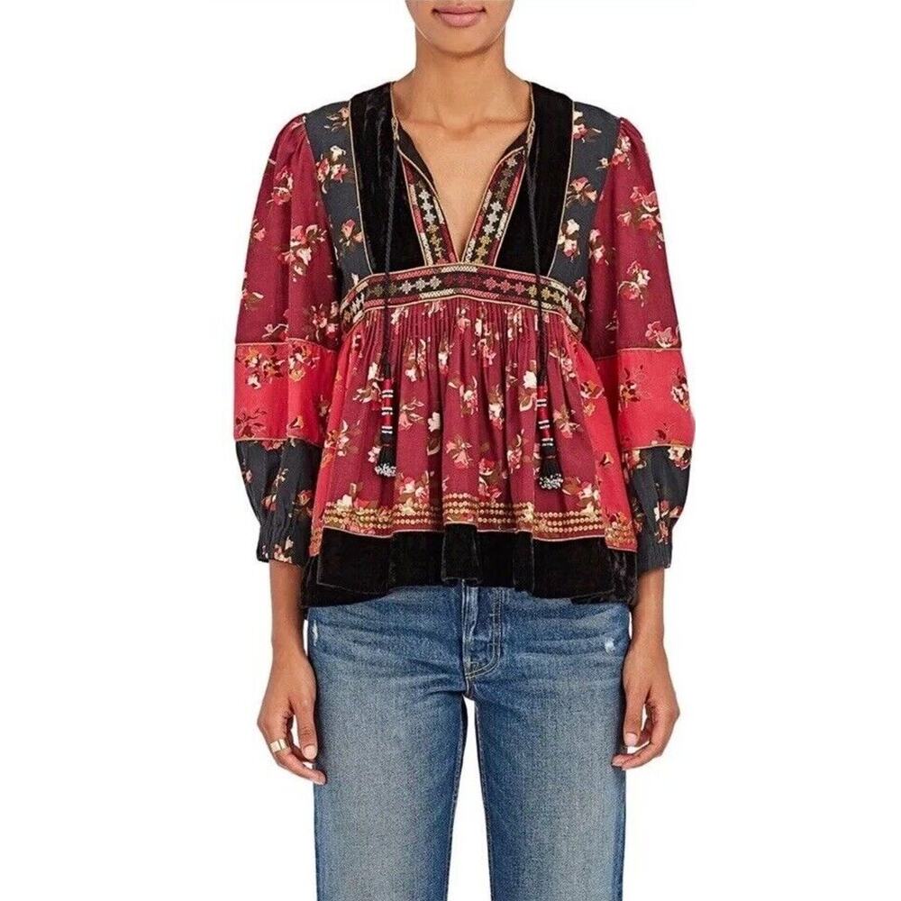 Ulla Johnson Red and Black Floral Peasant Tunic